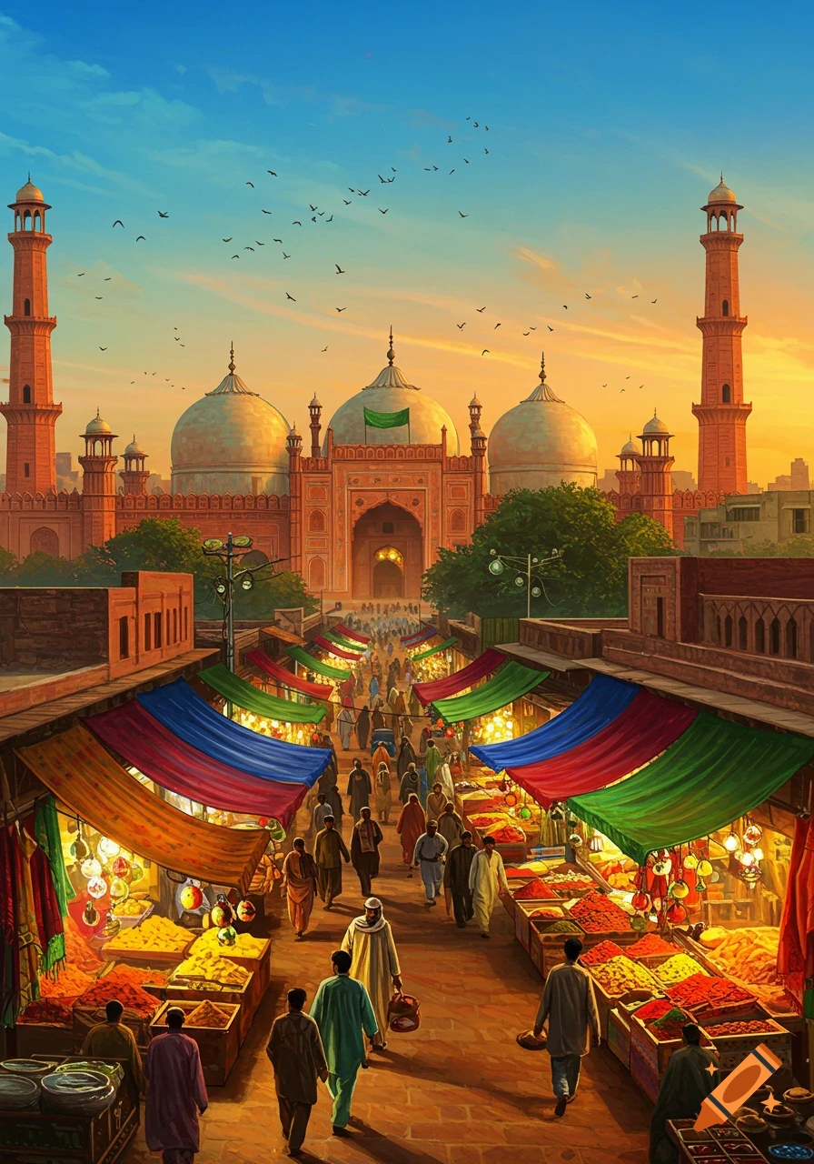 Vibrant market street leading to a grand mosque with minarets under a colorful sunset sky, bustling with people.