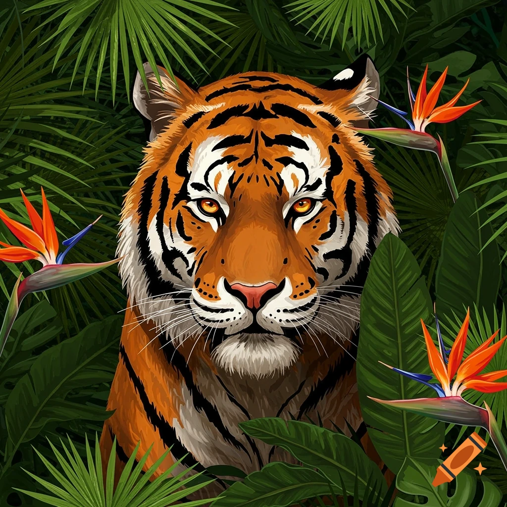 Close-up illustration of a tiger's head looking forward, surrounded by lush green palm leaves and vibrant orange Birds of Paradise flowers in a jungle setting.