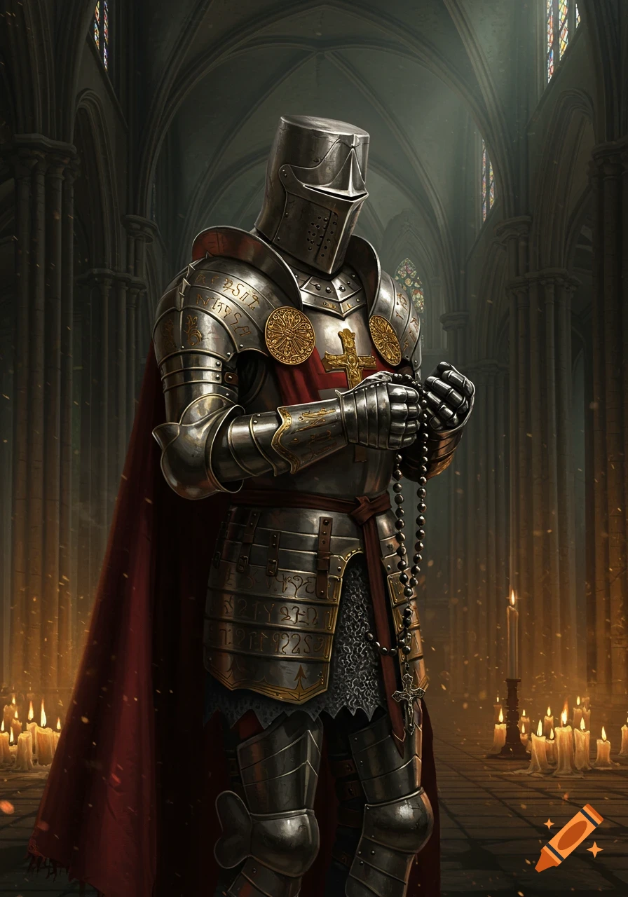 A knight in shining full plate armor and a red cape holds a rosary, praying in a dimly lit Gothic cathedral filled with flickering candles.
