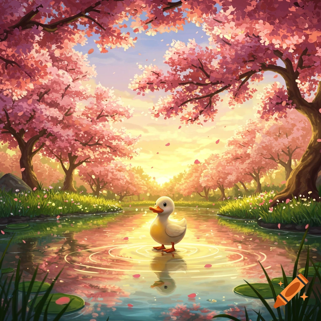 A cute duck stands in a pond reflecting cherry blossom trees under a warm, stylized sky.