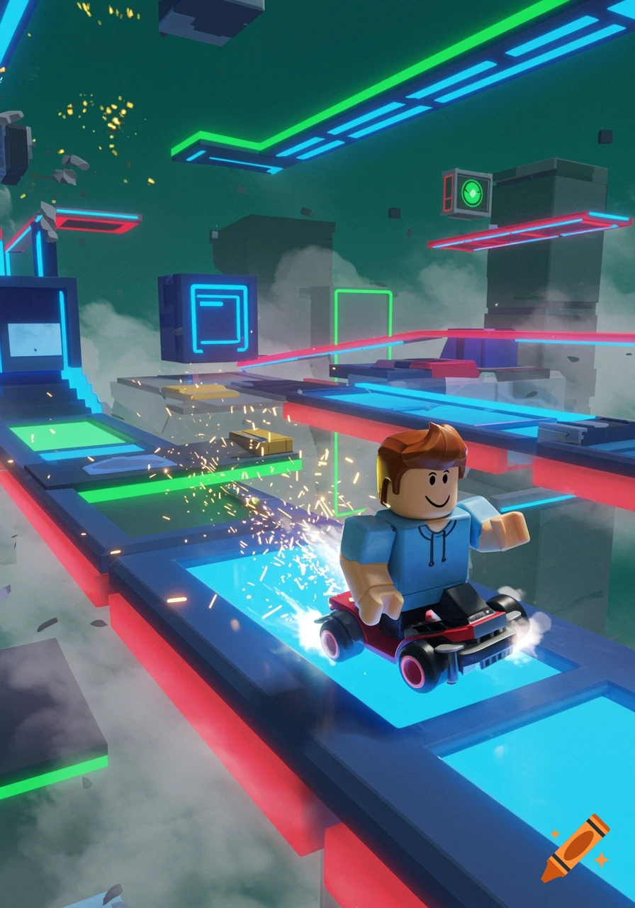 A Roblox character in a red go-kart speeds on a glowing neon obstacle course in the sky, trailing blue sparks.