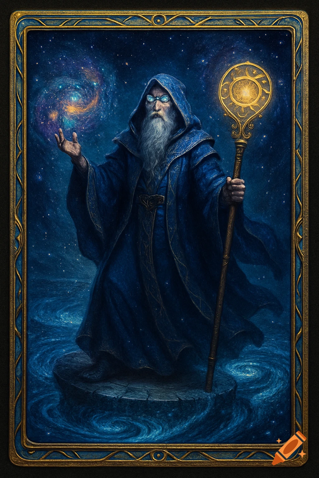 A powerful wizard in a blue robe holds a glowing staff and a swirling galaxy, standing on a stone amidst cosmic waters. The image is framed by an ornate golden border.