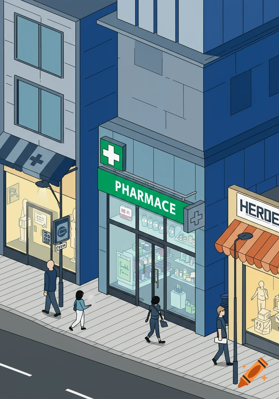 Isometric vector illustration of a city street with a pharmacy, other retail stores, and pedestrians walking on the sidewalk.