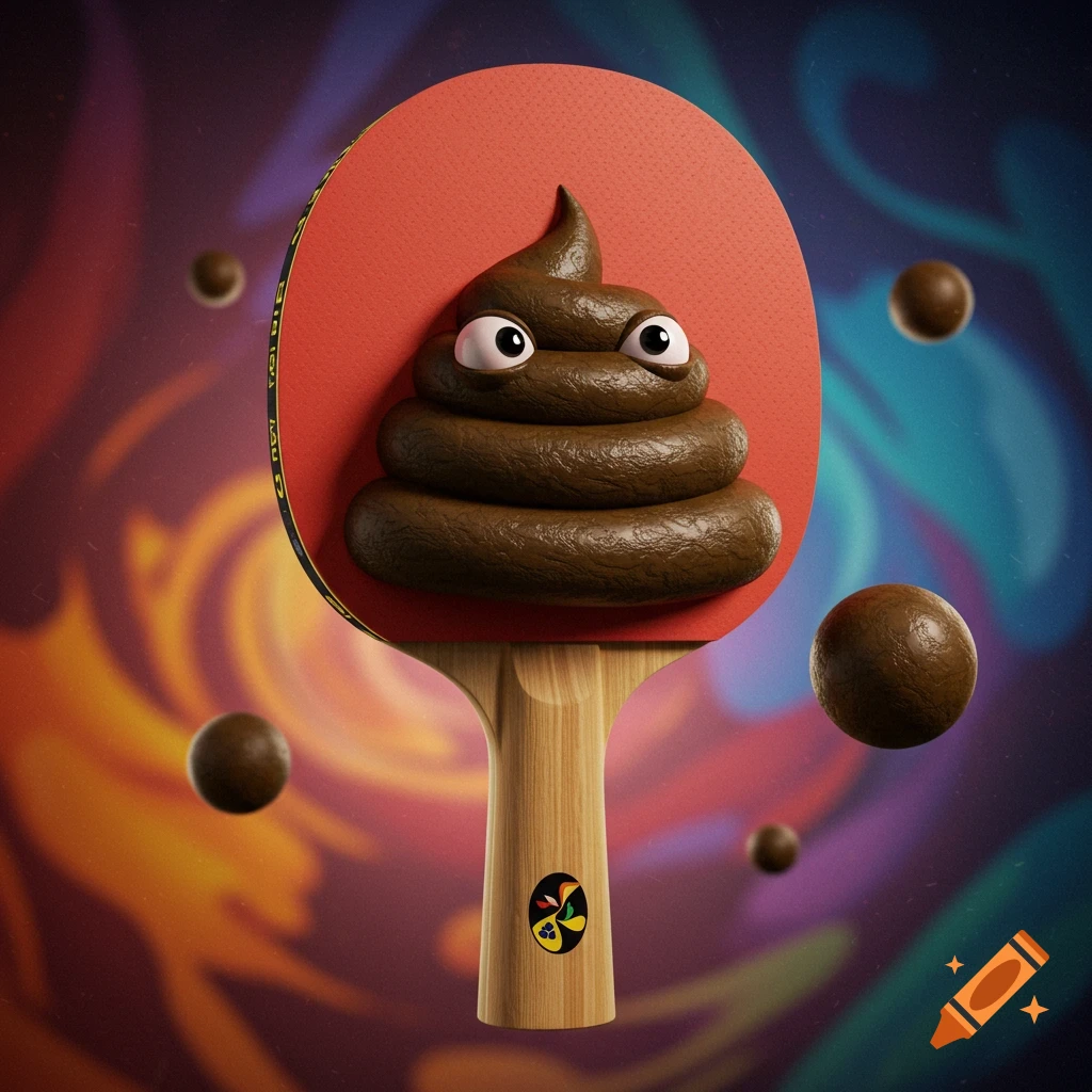 A cartoon pile of poop with googly eyes sits on a red ping-pong paddle. Brown spheres float in the colorful, blurry background.