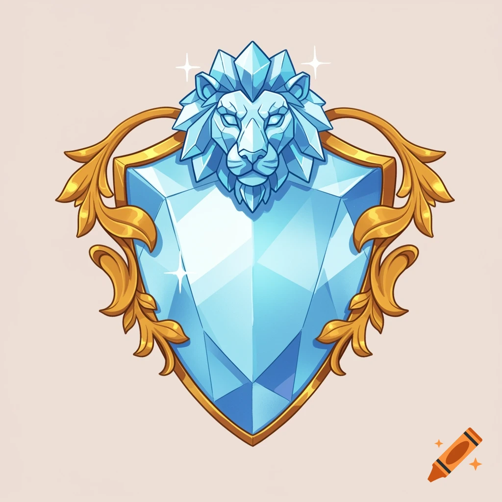 A cartoony shield emblem with a faceted blue diamond shield, a diamond-cut lion's head, and gold scrollwork.