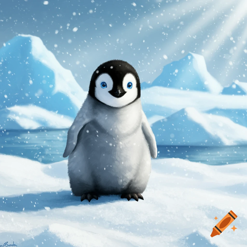 A fluffy baby penguin stands in a snowy arctic landscape with icebergs and water in the background. Snowflakes fall around it.