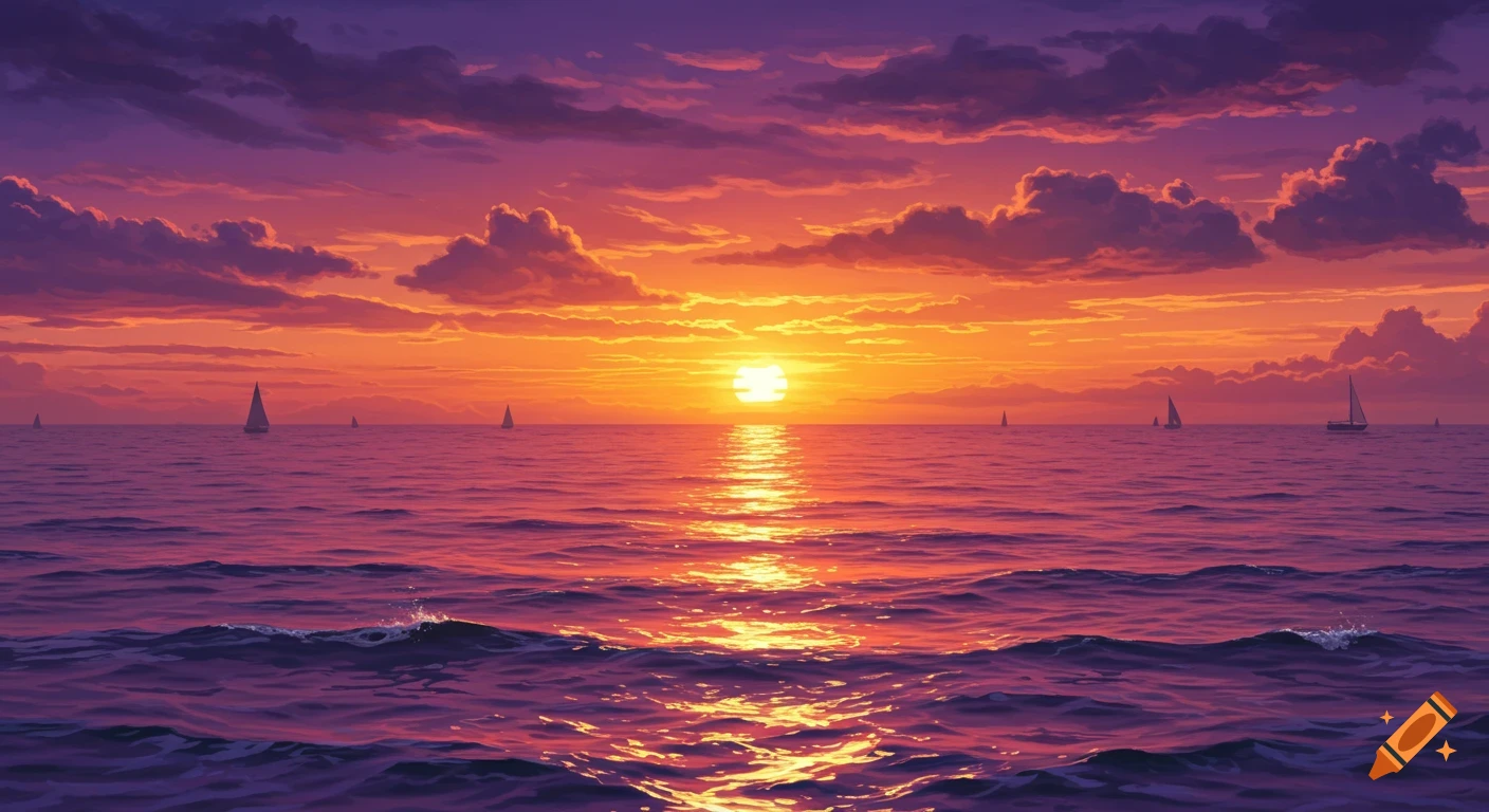 A vibrant sunset over a purple and orange ocean with sailboats on the horizon, reflecting golden light on the water.