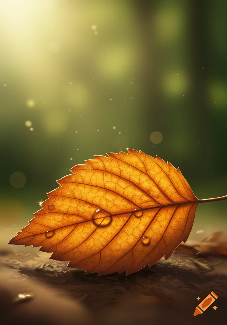 Close-up of an orange autumn leaf with water droplets, set against a blurred green background with sunlit bokeh.