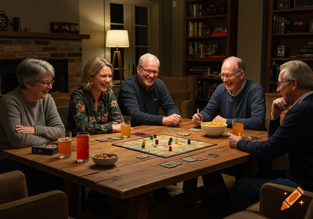 Five adults laughing while playing a board game at a wooden table with snacks and drinks in a cozy living room.