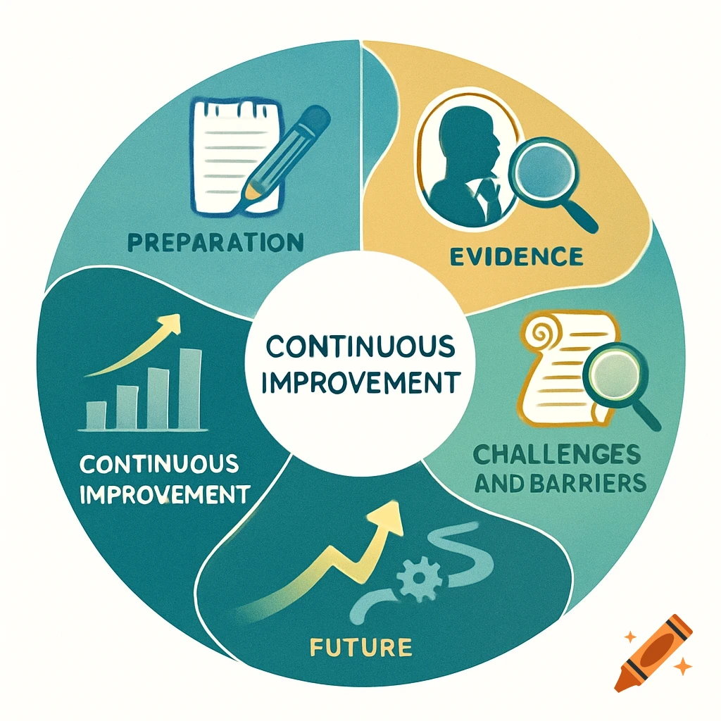 An infographic showing a cycle of 'Continuous Improvement' with sections for 'Preparation', 'Evidence', 'Challenges and Barriers', and 'Future', using icons and a clean design.