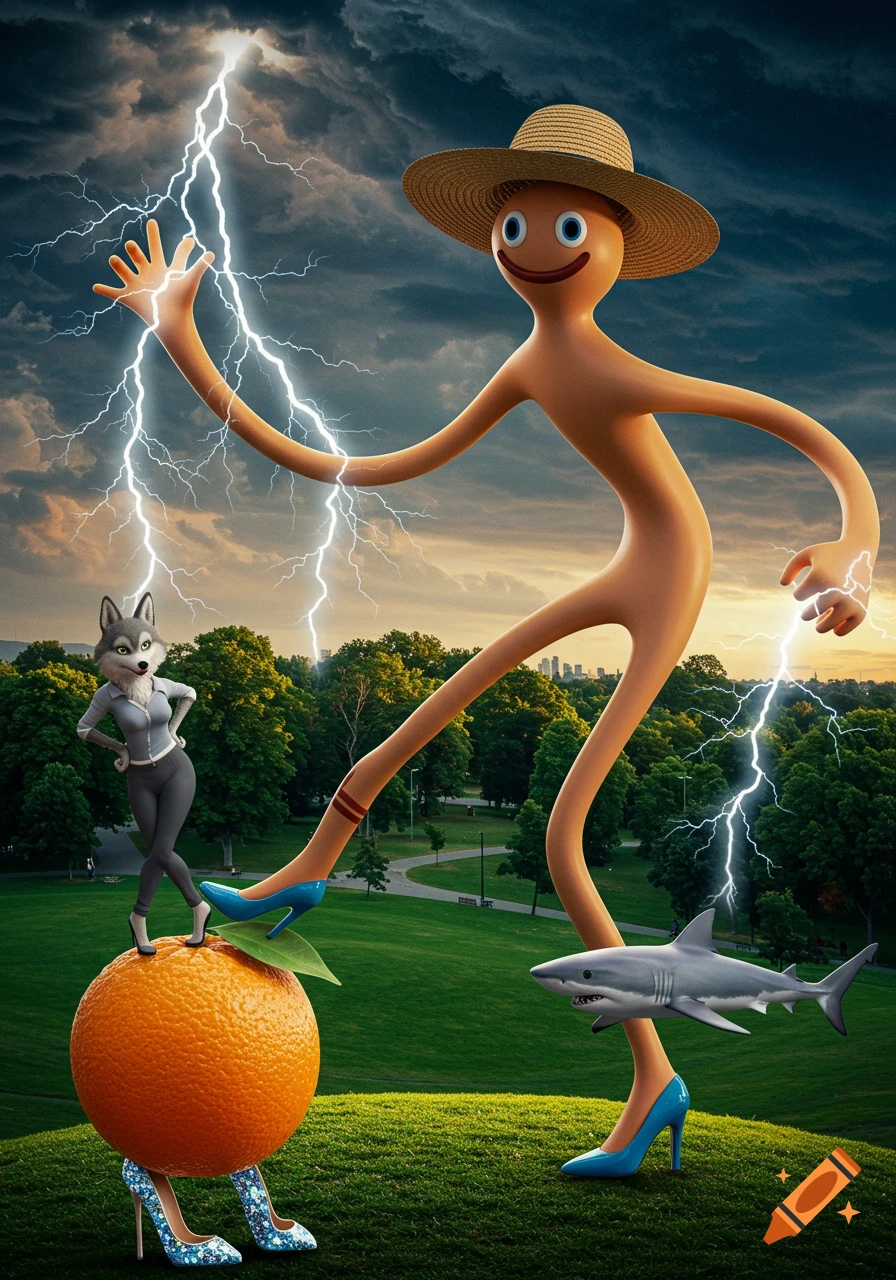 A long-limbed rubber man in a straw hat holds lightning in a park, next to an anthropomorphic wolf, a dancing orange, and a shark in blue shoes.