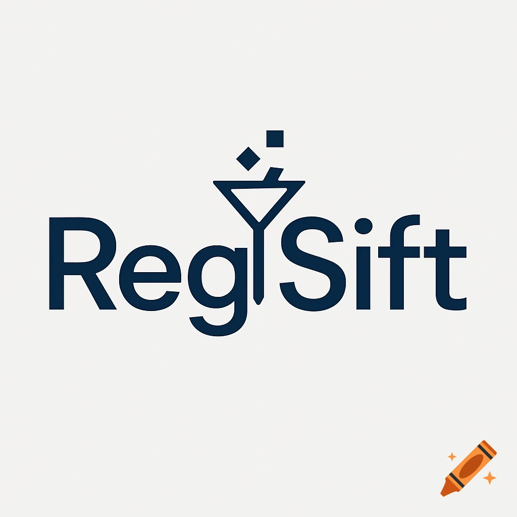 A dark blue logo for RegSift, with the 'i' stylized as a filter funnel and small squares falling into it.