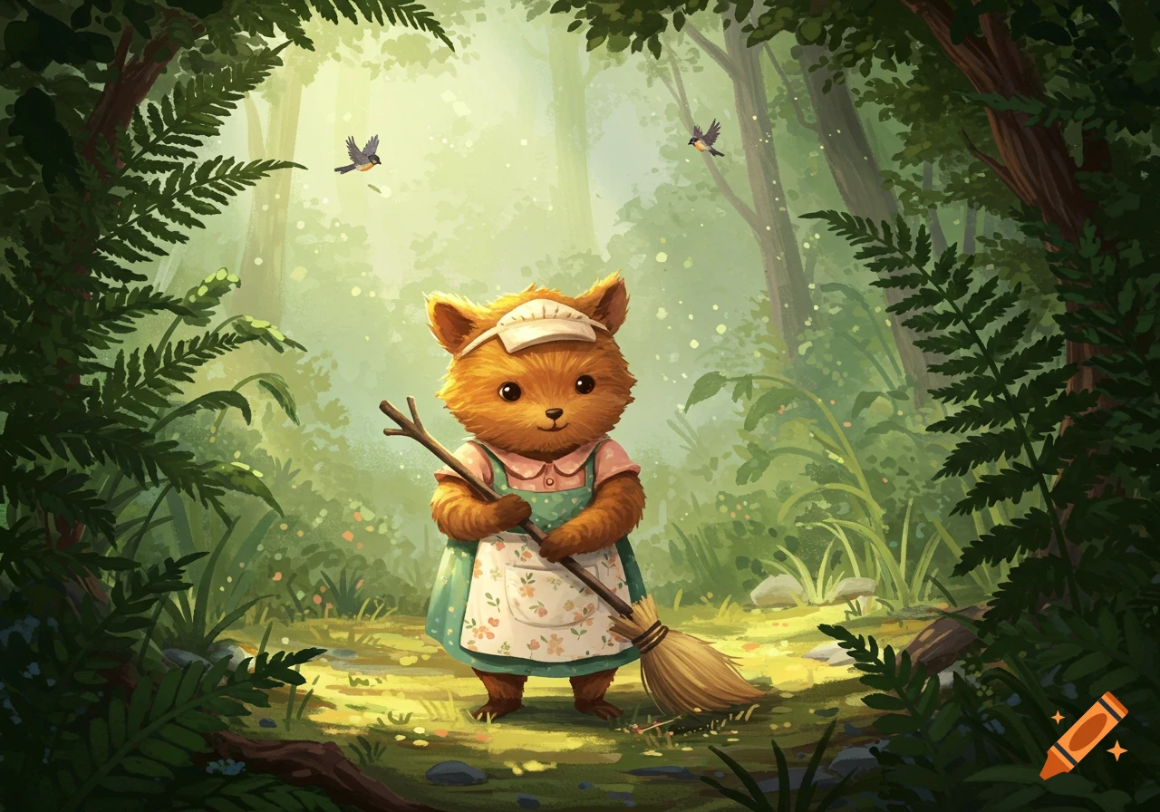 A cute, furry fox-like creature in an apron holds a broom in a whimsical forest with glowing dust and small birds flying.