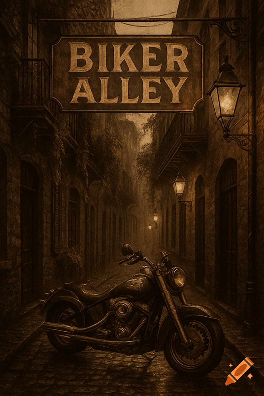 A vintage-style motorcycle parked in a dark, sepia-toned cobblestone alley beneath a 'BIKER ALLEY' sign.