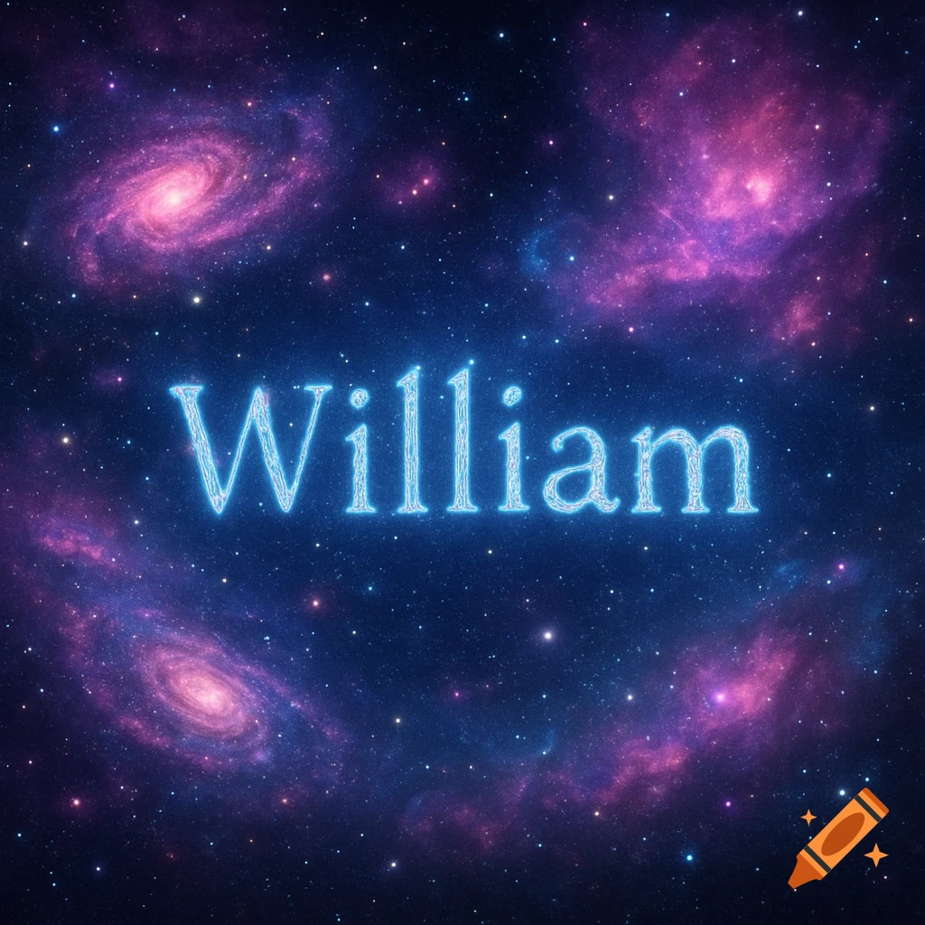 A glowing blue name "William" floats in a starry cosmic background with pink and purple galaxies.