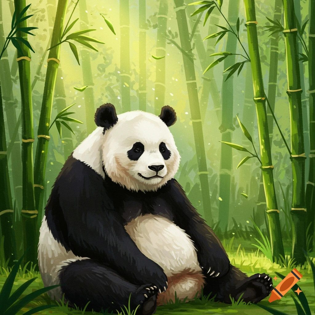 A giant panda sits in a lush green bamboo forest, bathed in soft sunlight.