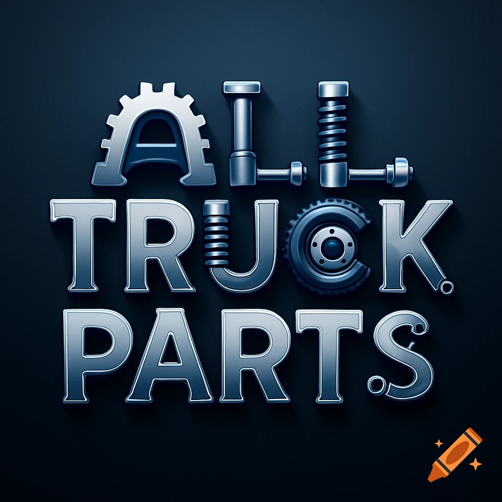 A 3D metallic logo for "ALL TRUCK PARTS" with letters stylized as automotive components like gears, bolts, springs, and tires on a dark background.