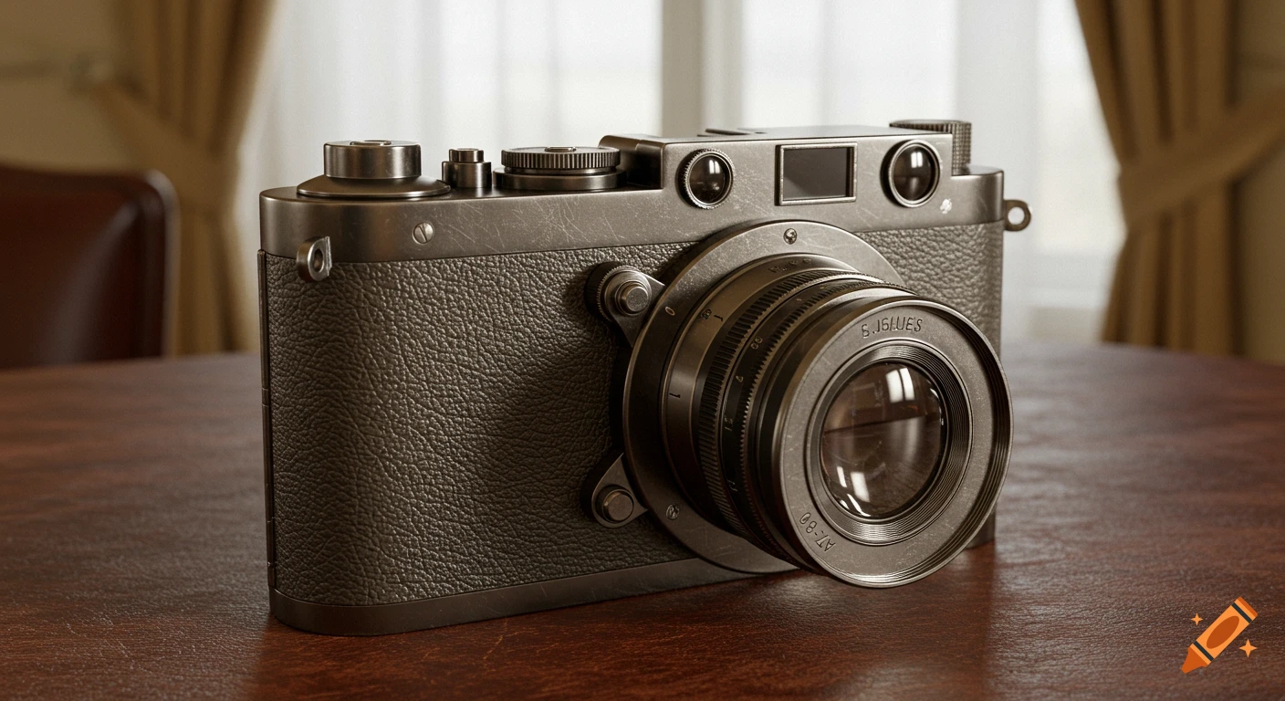 A detailed, photorealistic image of a vintage rangefinder camera with a black textured body and silver lens, on a brown wooden table.