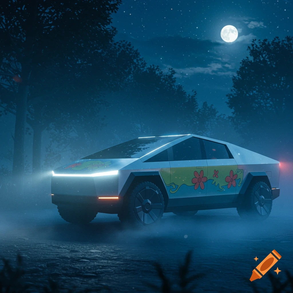 Tesla Cybertruck in Mystery Machine paint scheme in a misty forest at night under a full moon.