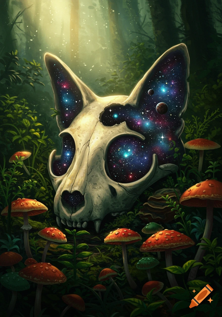 A cat skull with cosmic eyes and ears, surrounded by red and green mushrooms in a mystical, sunlit forest. Digital painting.