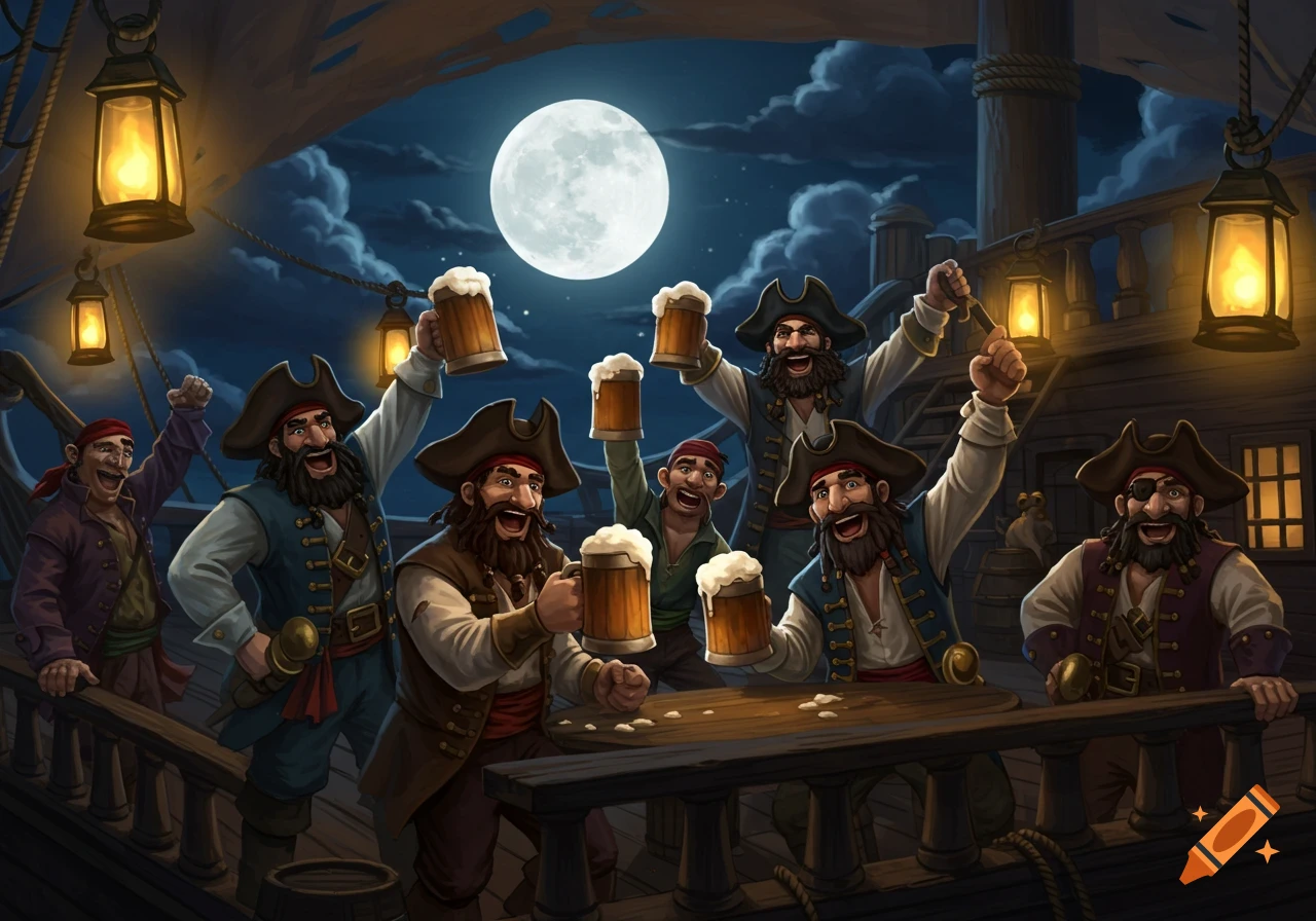 A group of happy, animated pirates raise their beer mugs in a toast on a ship's deck under a full moon.