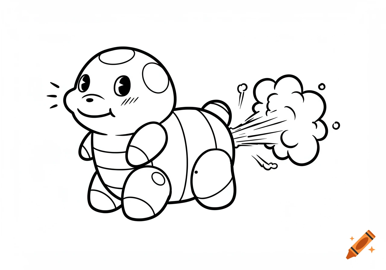 Black and white line art of a smiling cartoon cootie toy farting a cloud.