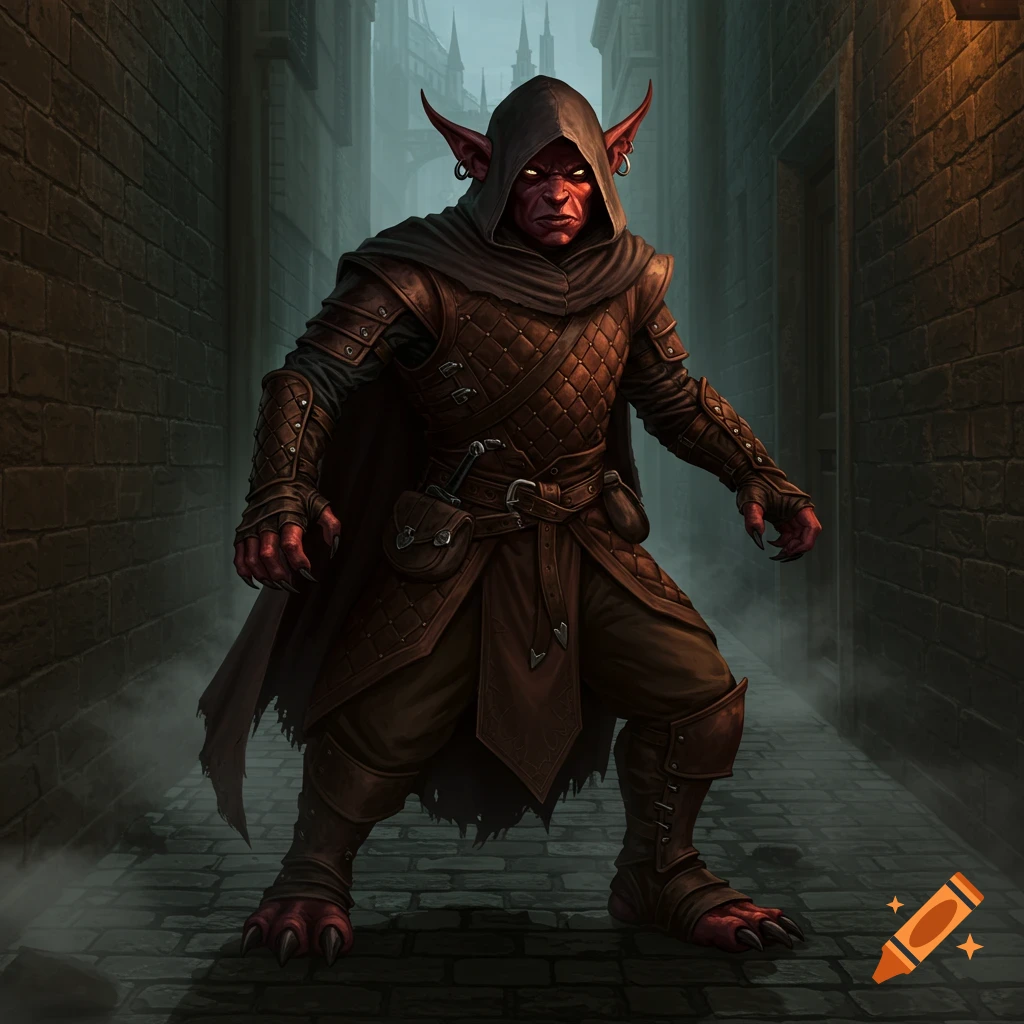 A red hobgoblin rogue with glowing eyes and pointed ears stands in a dark, narrow alley, wearing a hooded cloak and leather armor.