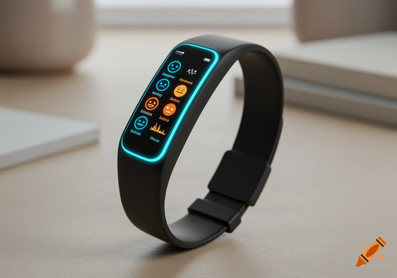 A close-up shot of a black smart band with a glowing blue screen displaying various emoji faces, words like 'Happiness,' 'Anxiety,' and 'Sadness,' and bar graphs.
