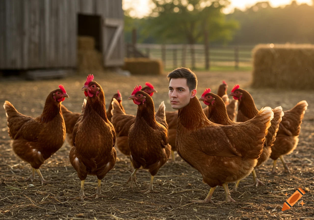 A group of brown chickens on a farm, one with a human male's head, in a photorealistic style.
