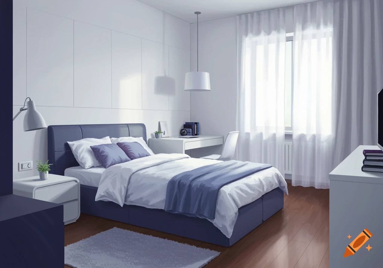 A clean, modern bedroom with a blue bed, white bedding, purple pillows, a white desk, and a large window, rendered in a digital art style.