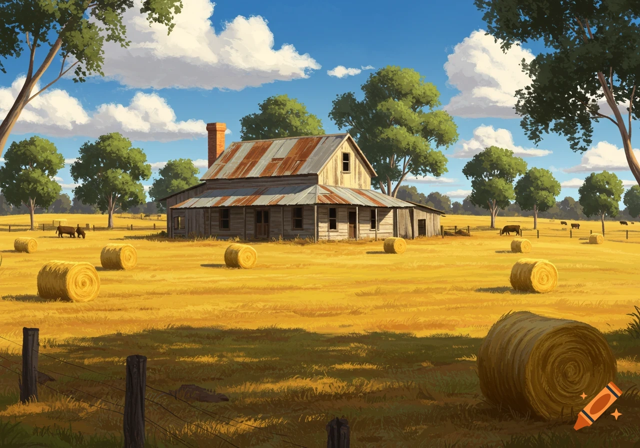 An illustration of an old wooden farm house with a rusted tin roof, surrounded by golden fields with hay bales and grazing cattle under a blue sky with white clouds.