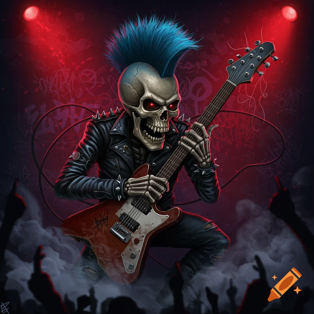 A stylized illustration of a skeleton punk rocker with a blue mohawk playing an electric guitar on a smoky stage.
