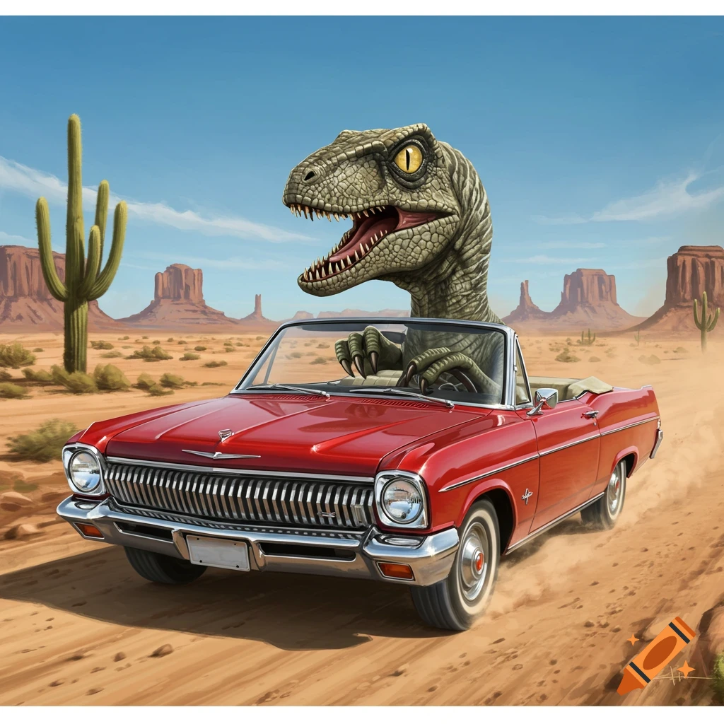 A large dinosaur driving a red vintage convertible car through a desert landscape with saguaro cacti and mesa mountains.