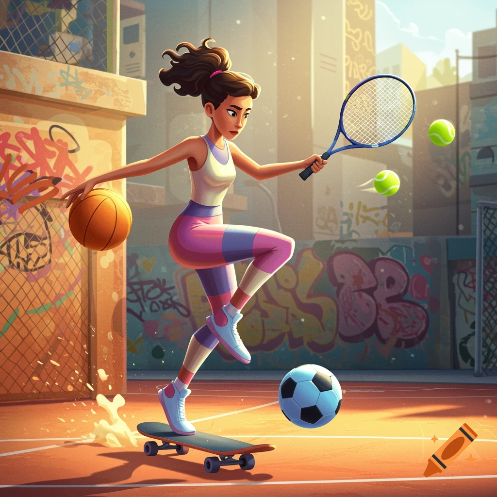 A cartoon woman in sportswear balances on a skateboard while holding a basketball and a tennis racket, with tennis balls and a soccer ball nearby on an urban court with graffiti.