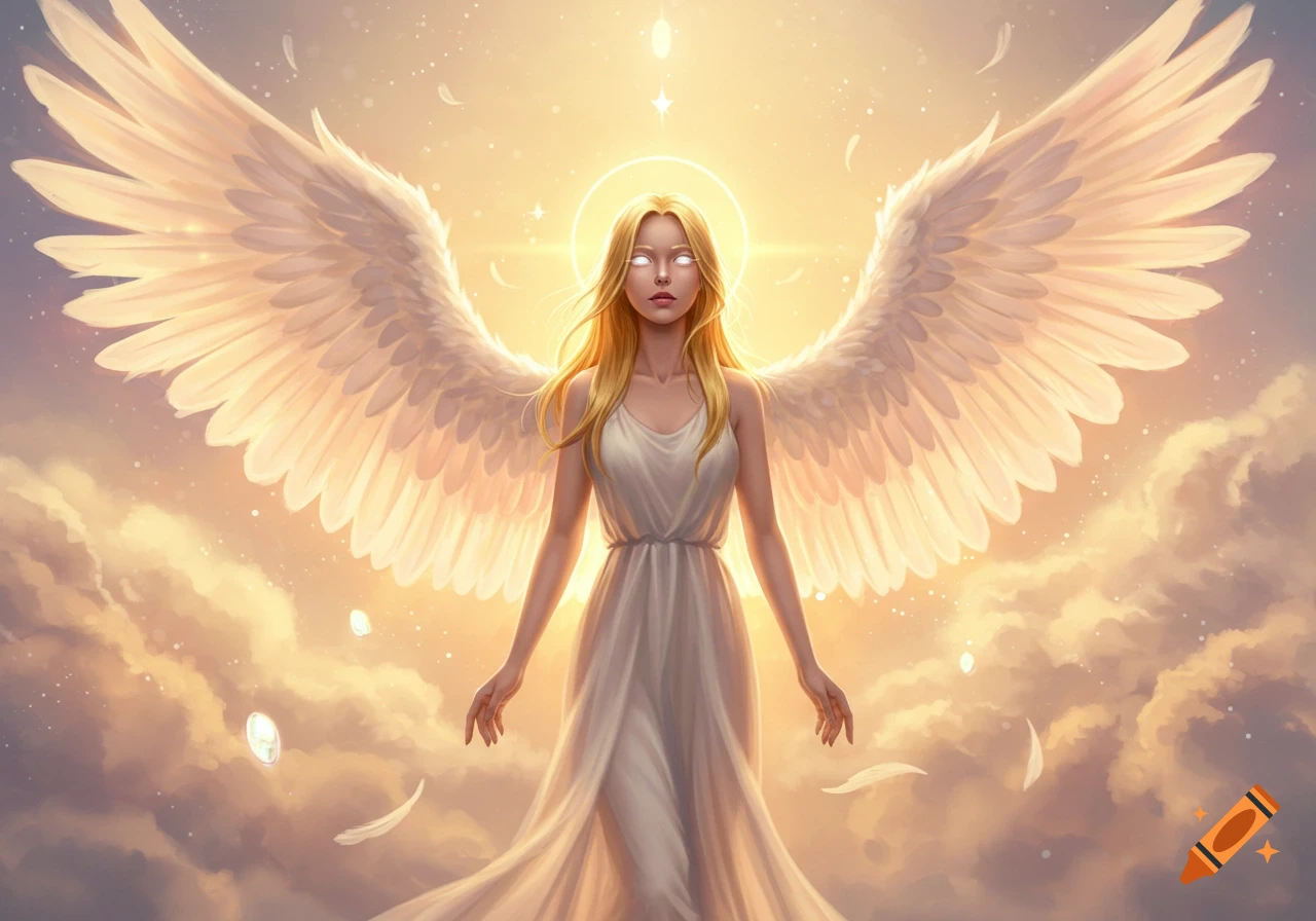 A blonde woman with white eyes and large white wings stands bathed in golden light amidst clouds and falling feathers.