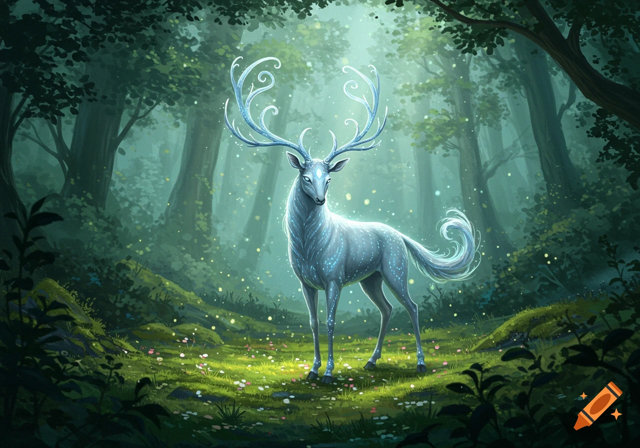 A glowing, ethereal deer with swirling antlers stands in a mystical, lush green forest with dappled light.
