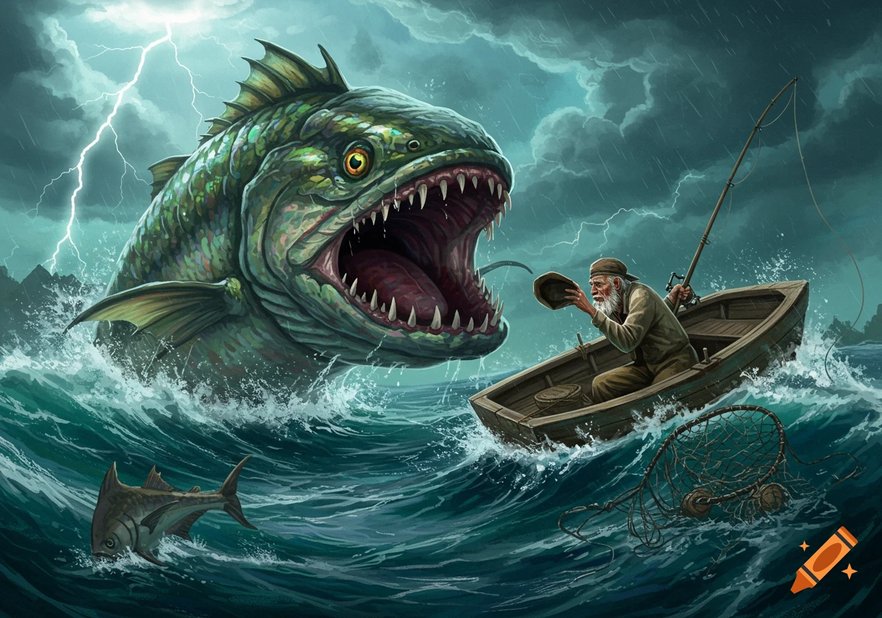 A giant green monster fish with sharp teeth emerges from stormy waters, about to devour an old fisherman in a small boat.