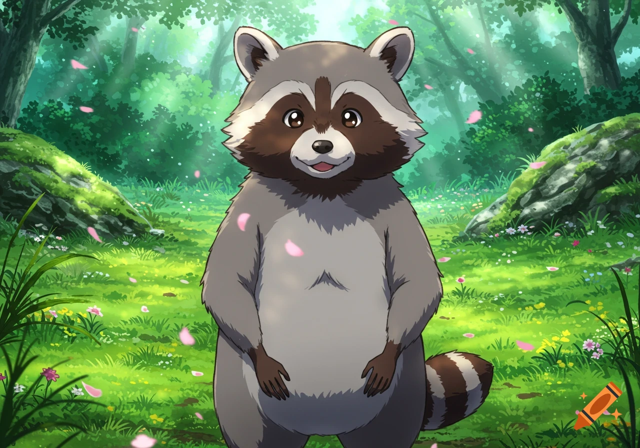An anime-style raccoon stands in a sunlit forest clearing with scattered pink petals.