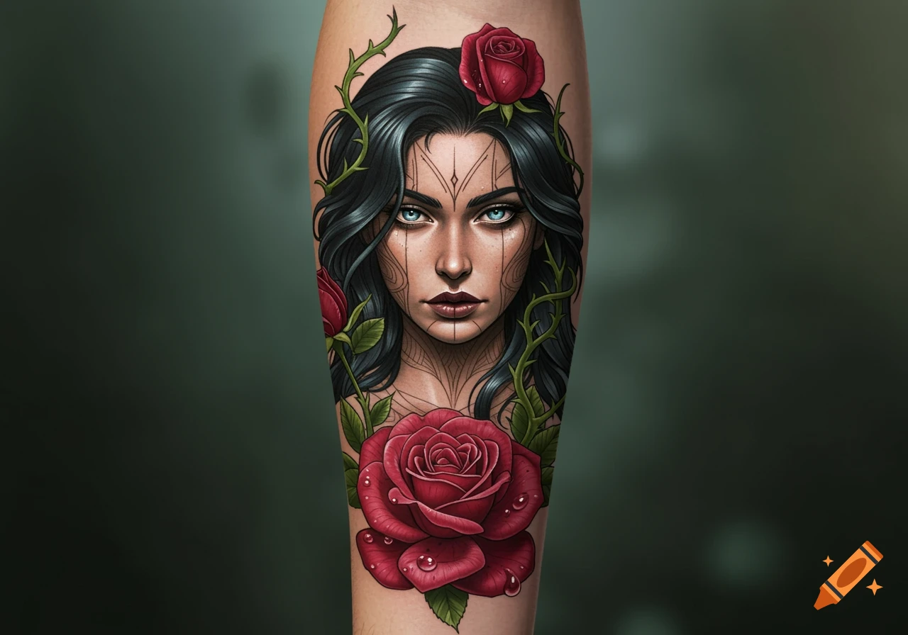 Colorful tattoo of a woman's face with blue eyes and dark hair intertwined with red roses and thorny vines on an arm.