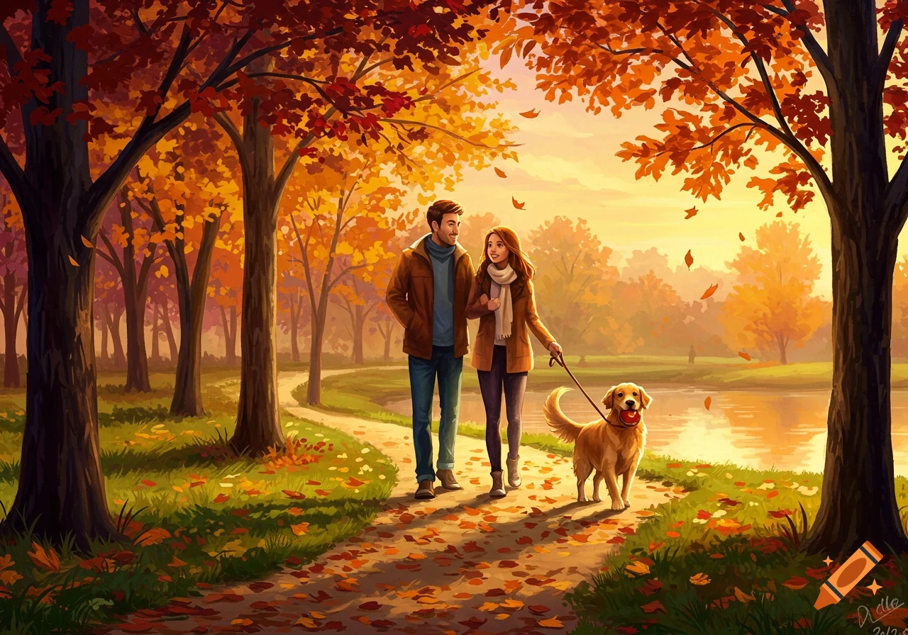 A couple walks their golden retriever on a path in an autumn park with colorful trees and a lake, in a painterly style.