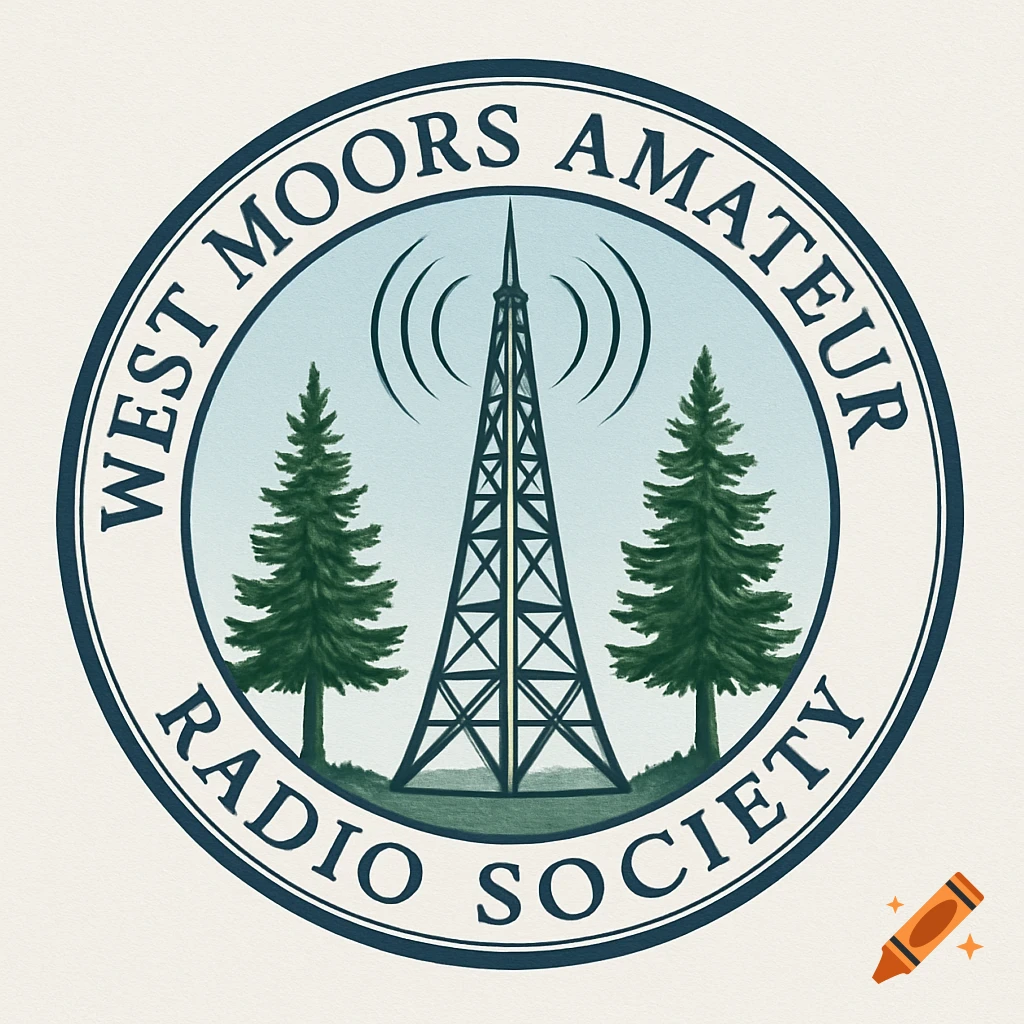 A circular logo for West Moors Amateur Radio Society featuring a transmission tower and two pine trees in the center.