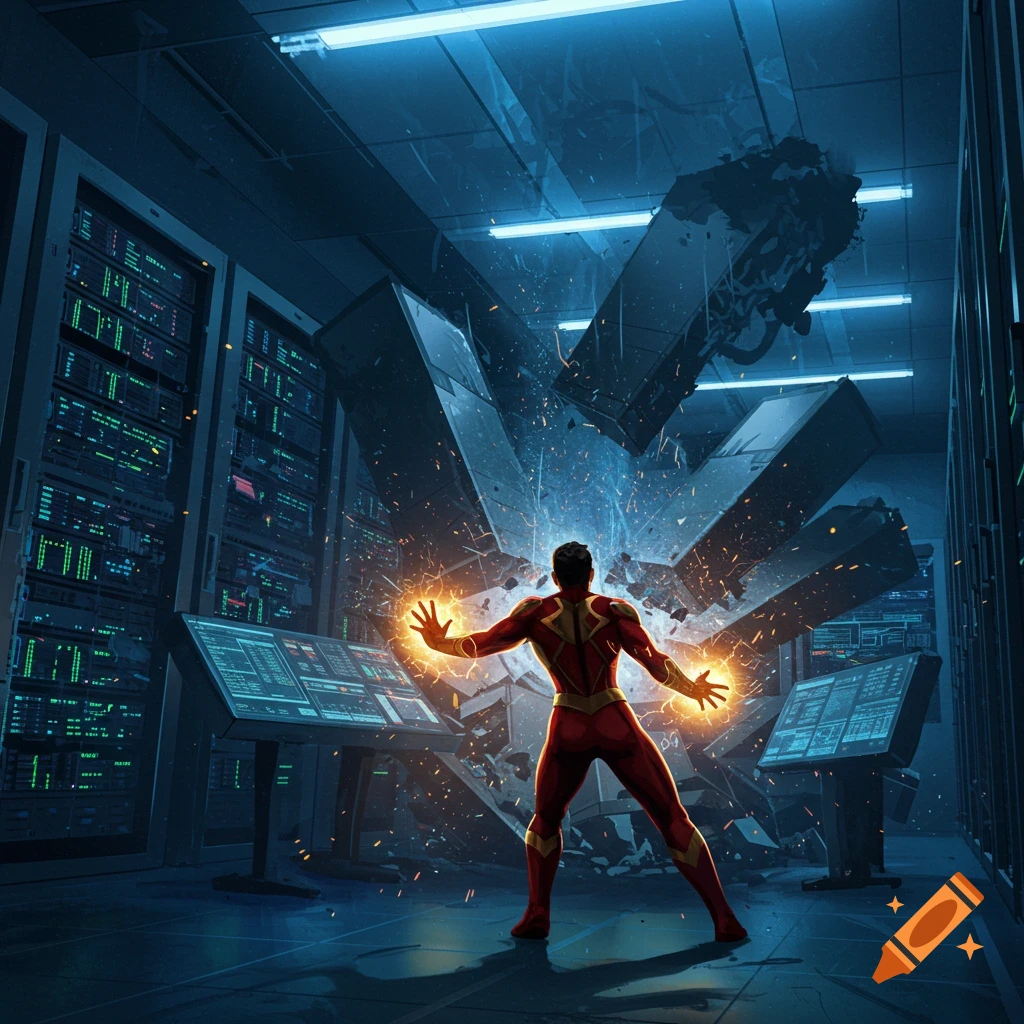 A dynamic, comic-book-style image of a superhero in a red and gold suit stopping falling server racks with glowing energy from their hands in a data center.