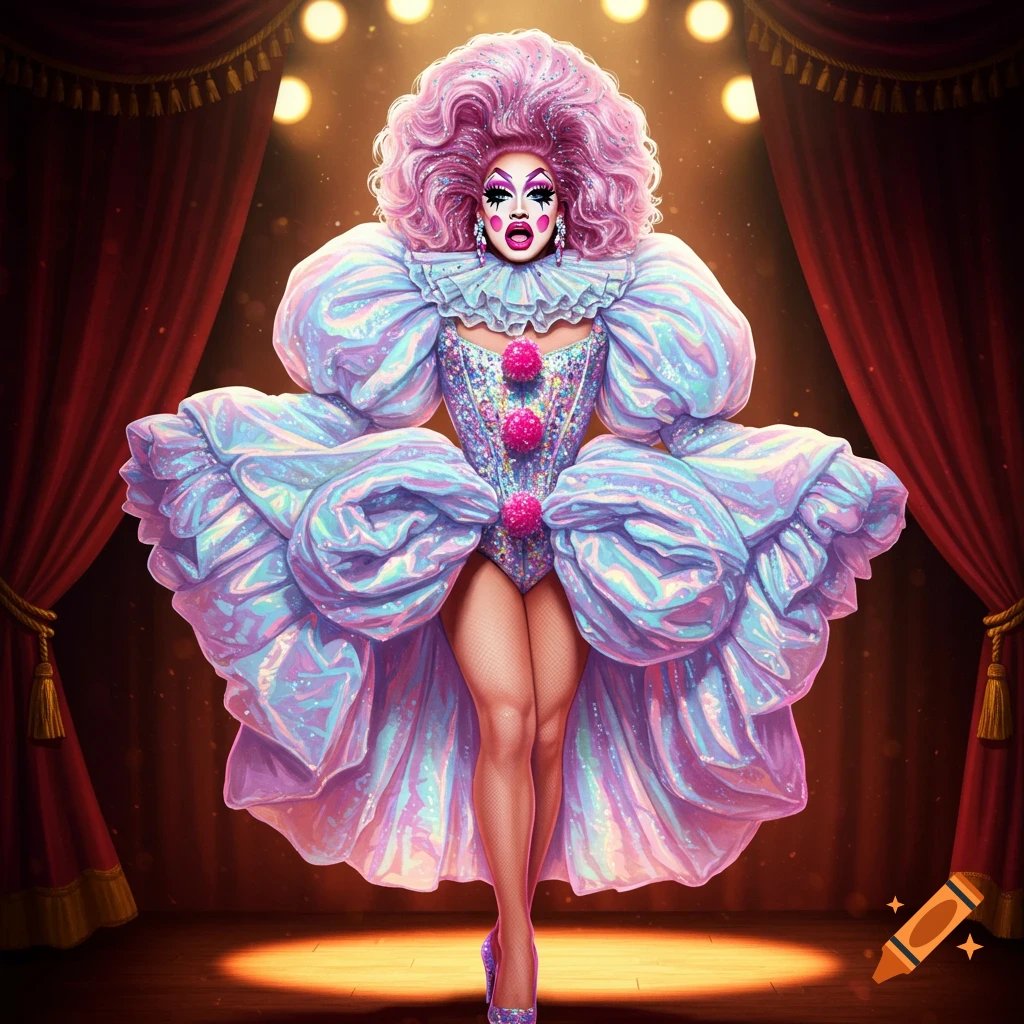 A flamboyant drag queen with voluminous pink hair and a ruffled, iridescent blue and purple clown-like costume stands on a stage.