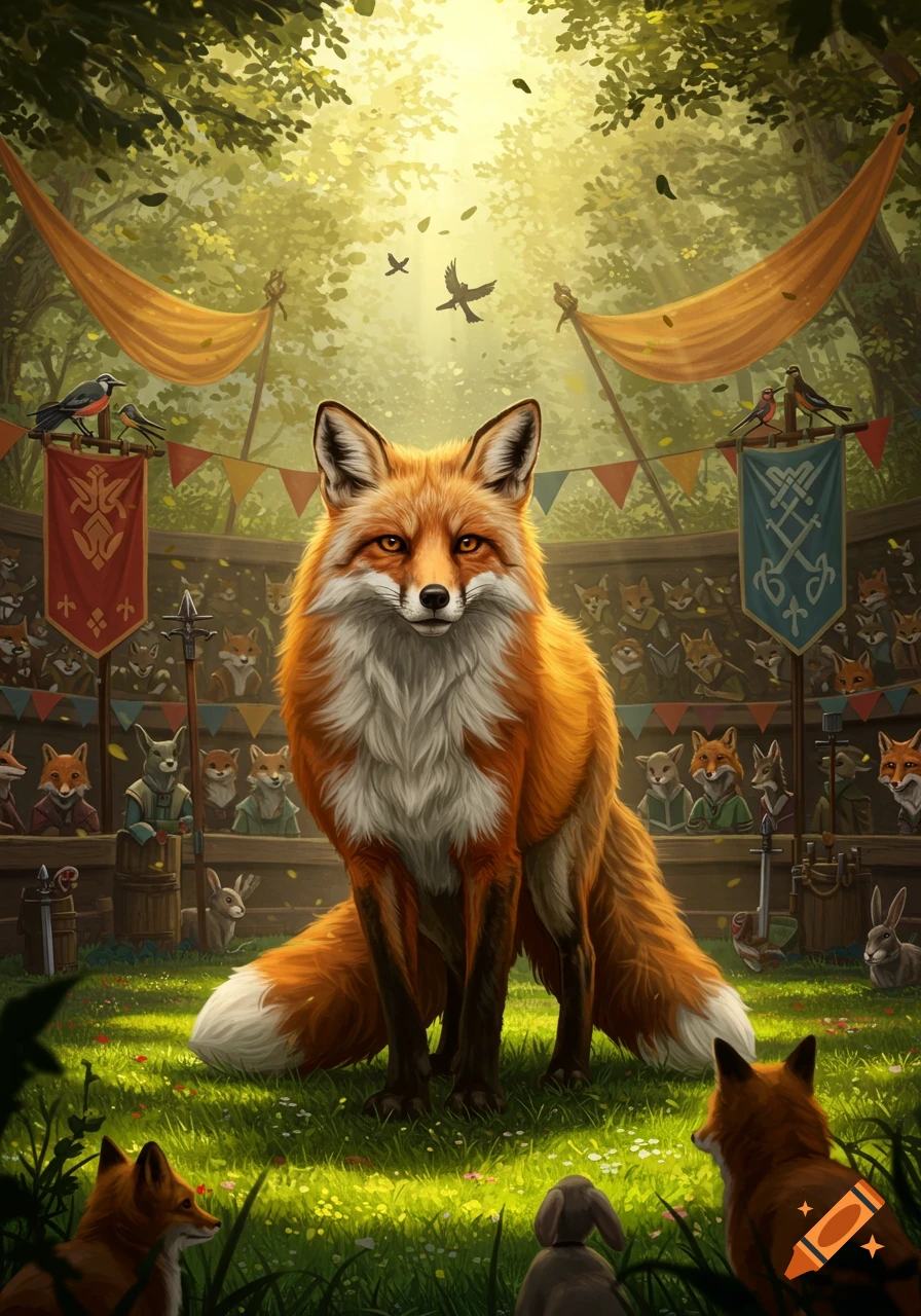 A large red fox stands centered in a sunny forest clearing, surrounded by an audience of other anthropomorphic foxes and rabbits.