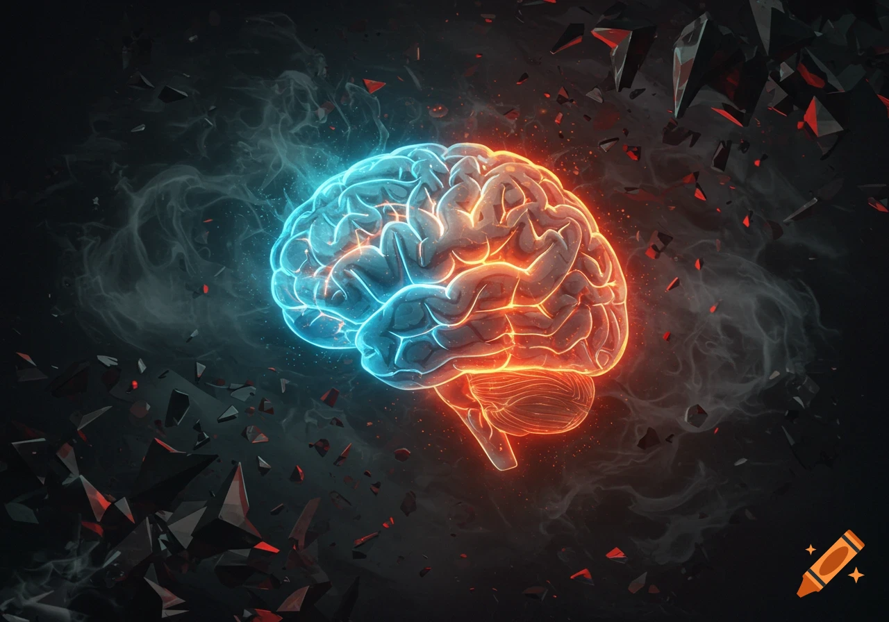 Stylized human brain, half glowing blue, half glowing orange, amidst smoke and shattered debris.
