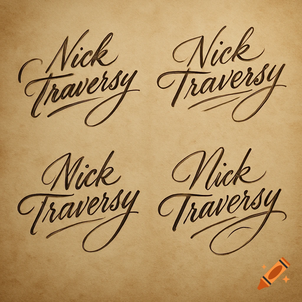 Four calligraphic signatures for the name Nick Traversy on a brown parchment background.