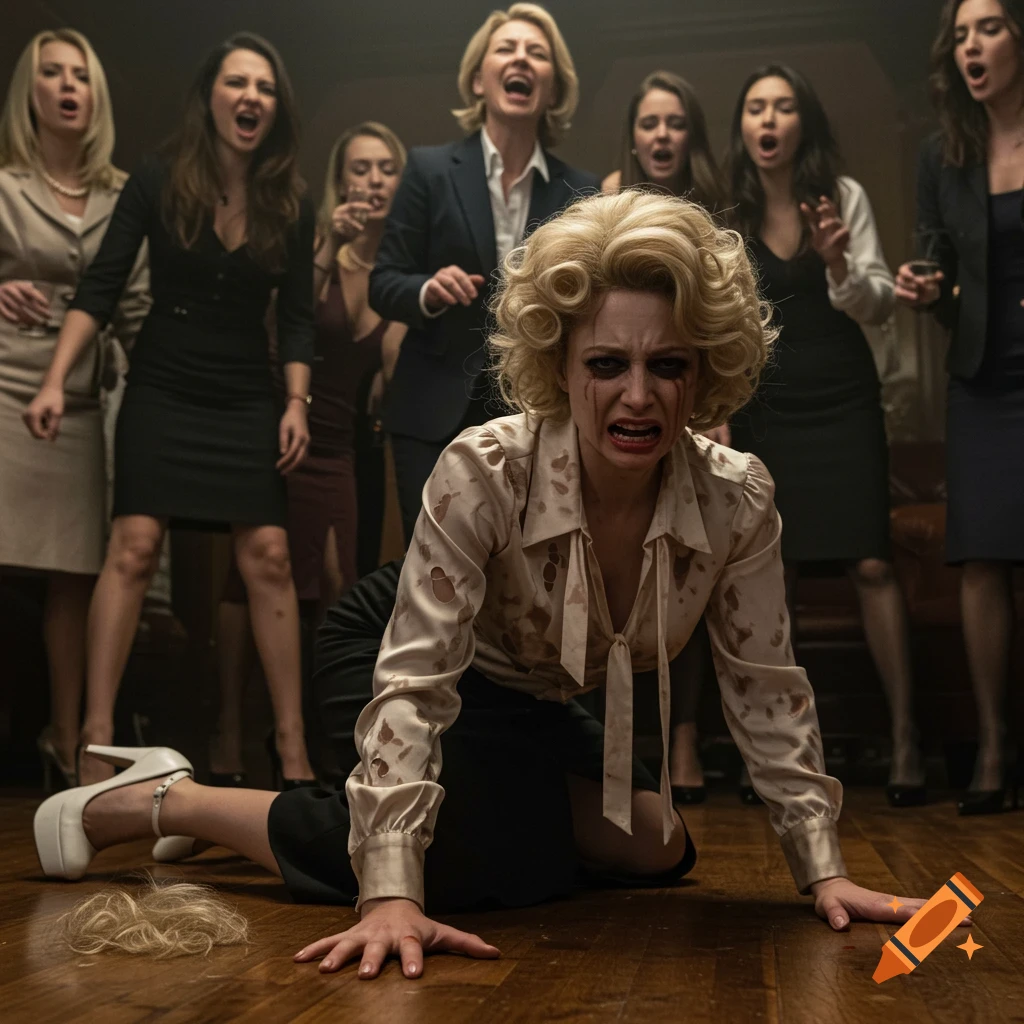 A distressed woman with messy makeup and torn blouse crawls on the floor as businesswomen stand around her, jeering and laughing.