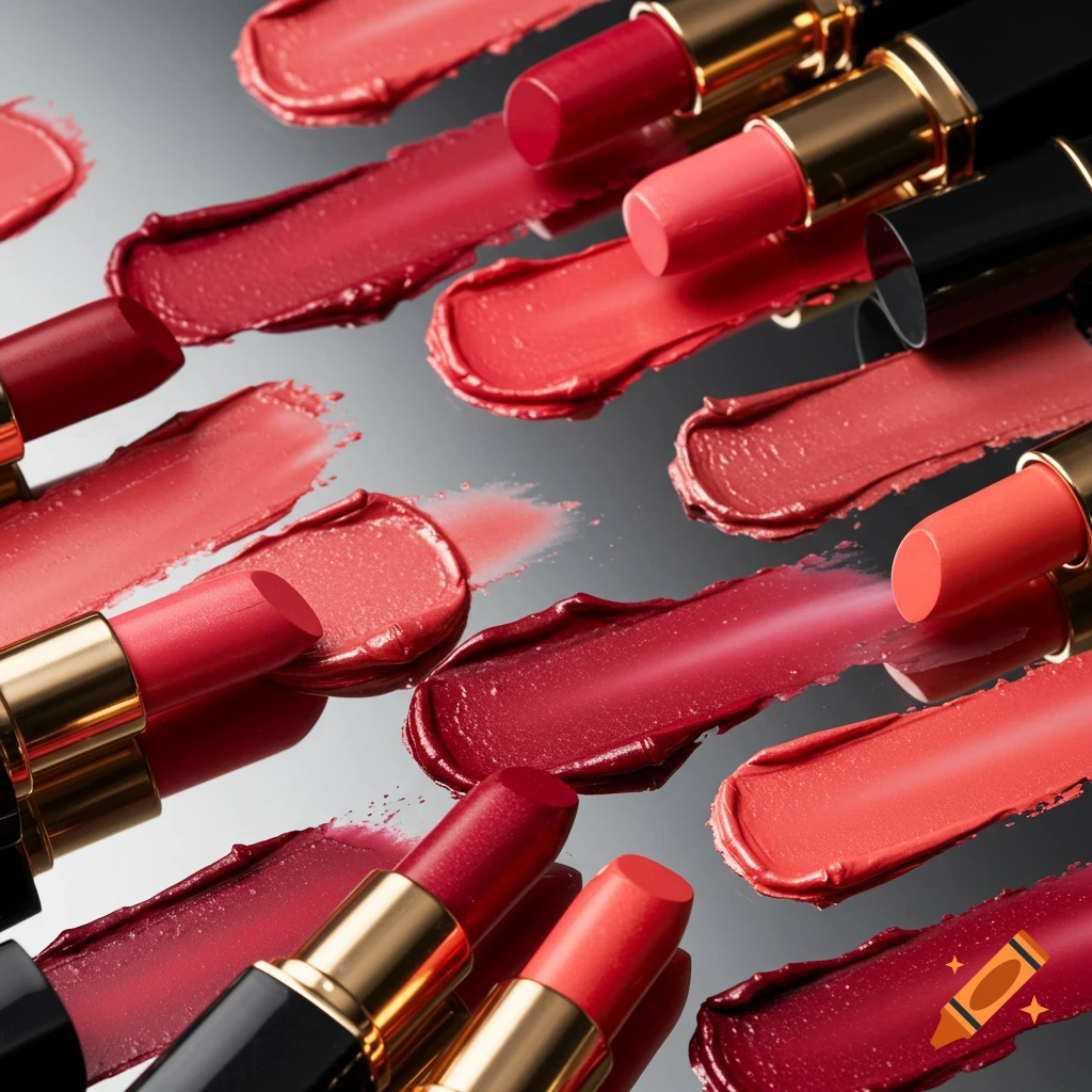 Close-up of several tubes of lipstick in various red and pink shades with corresponding swatches on a reflective surface.