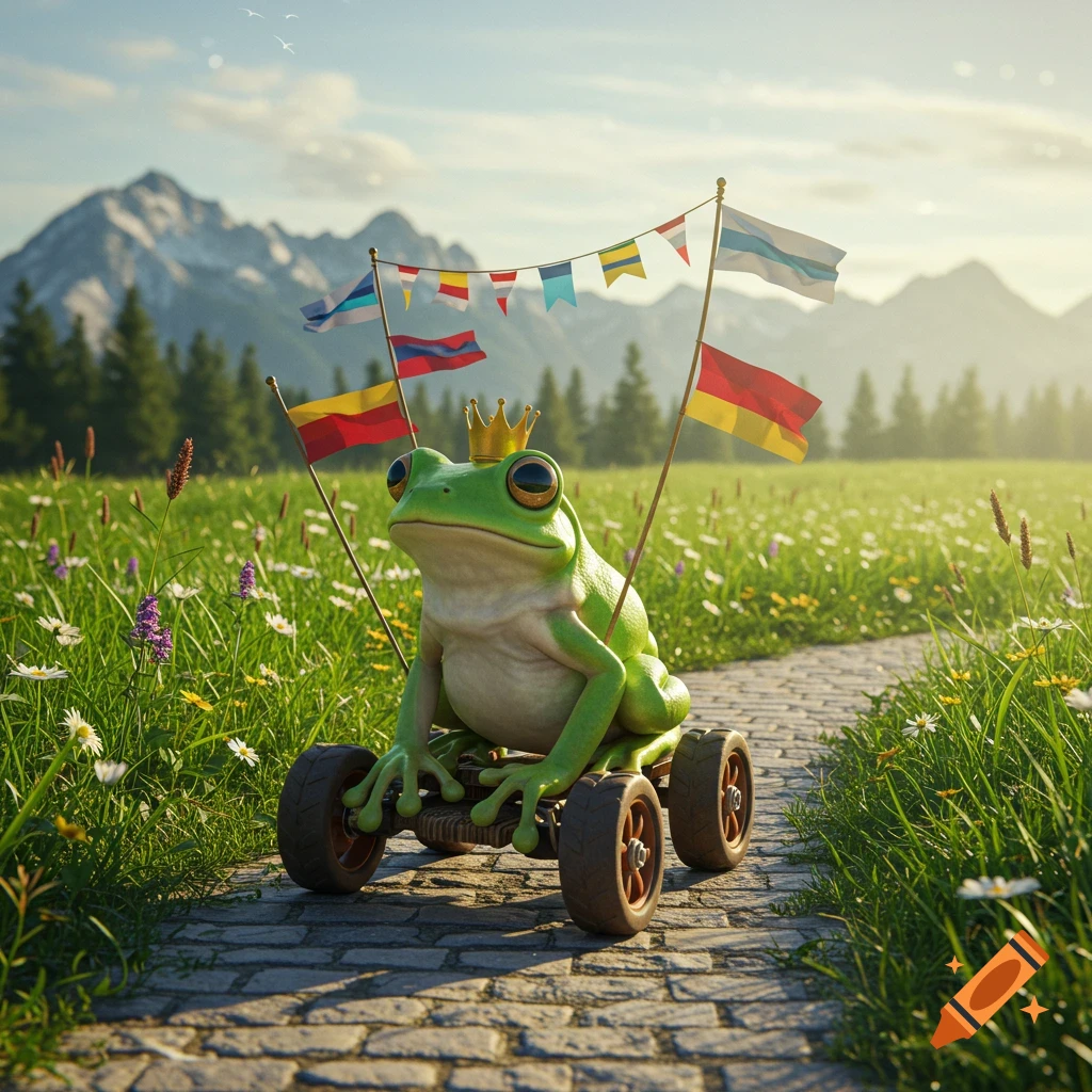 A whimsical frog king with a crown rides a small wheeled cart adorned with flags on a stone path through a sunny, flower-filled meadow with mountains in the background.