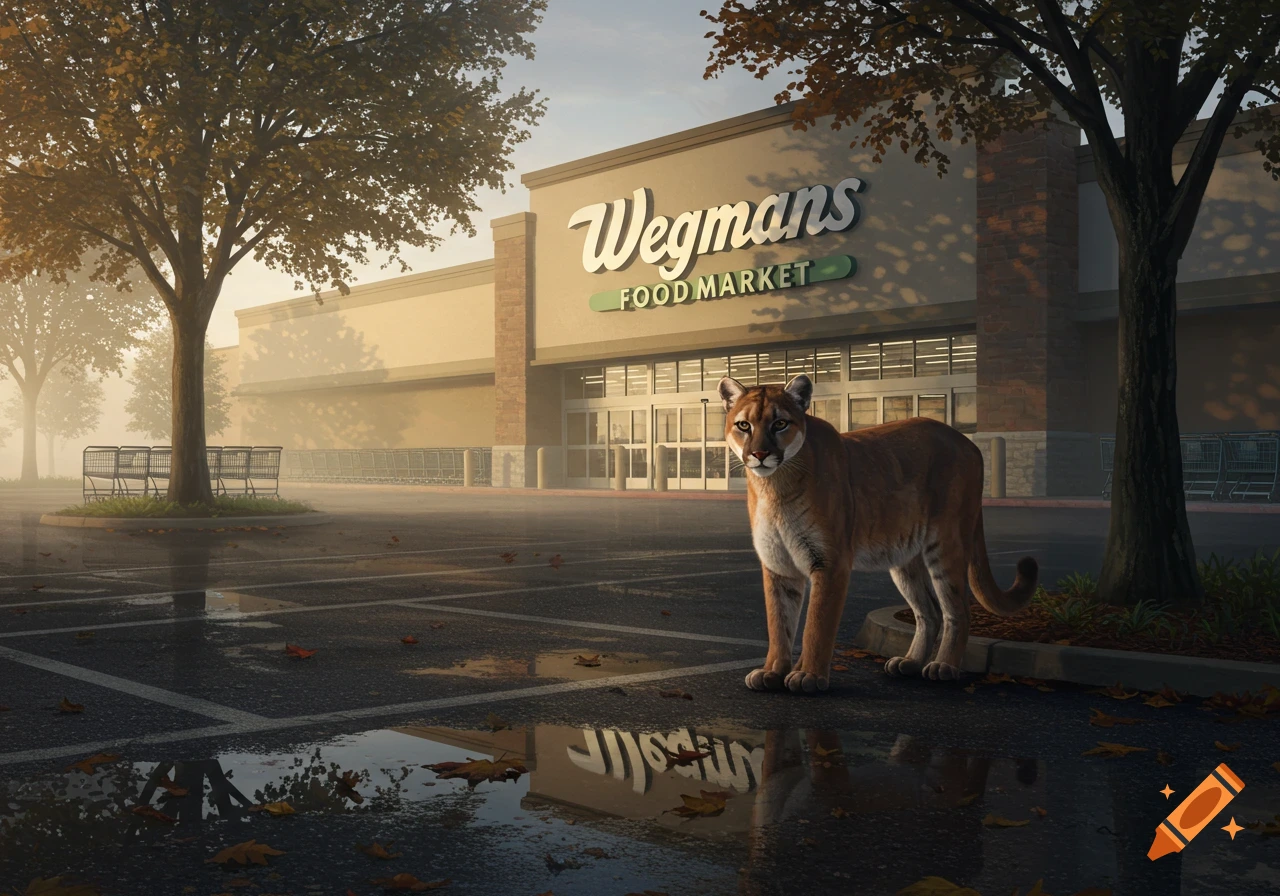 A photorealistic image of a mountain lion standing in the parking lot of a Wegmans Food Market on a foggy morning.